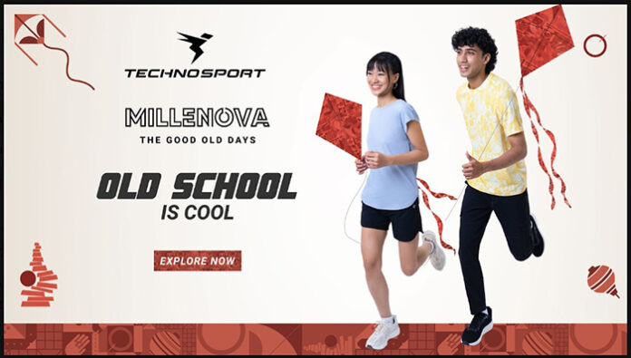 TechnoSport MILLENOVA knit activewear banner with kite Indian street game retro design