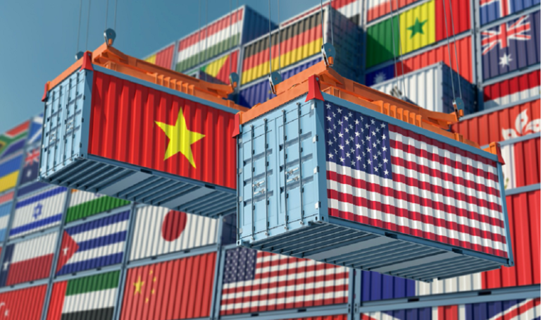 Shipping containers with national flags illustrating US tariffs impact on Vietnam apparel export trade