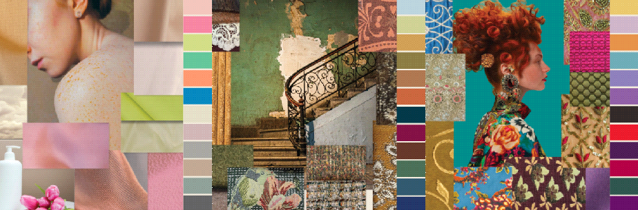 Intertextile Shanghai A/W 2027-28 fabric trend mood board with multi-sensory textile samples