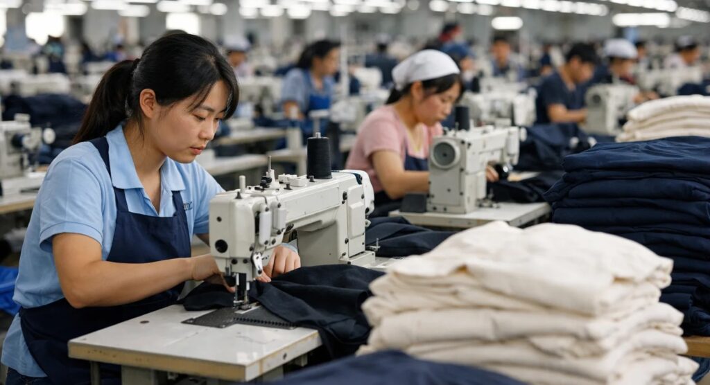 China textile factory workshop workers sewing apparel textile industry contraction