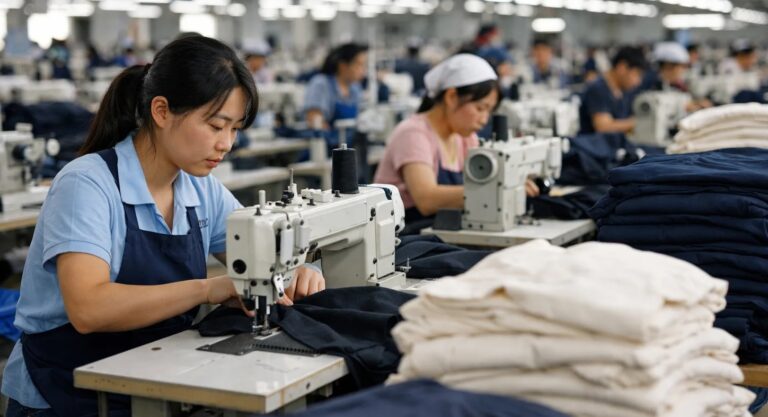 China textile factory workshop workers sewing apparel textile industry contraction