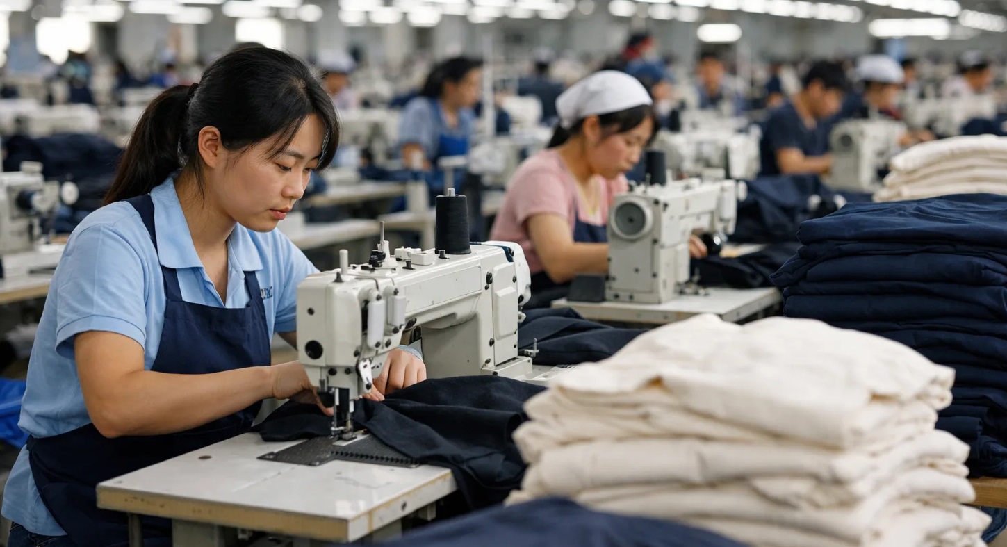 China textile factory workshop workers sewing apparel textile industry contraction