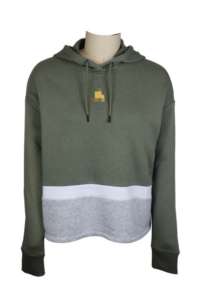 Men cropped color‑block hoodie olive green white heather grey fleece, small chest embroidery on dress form